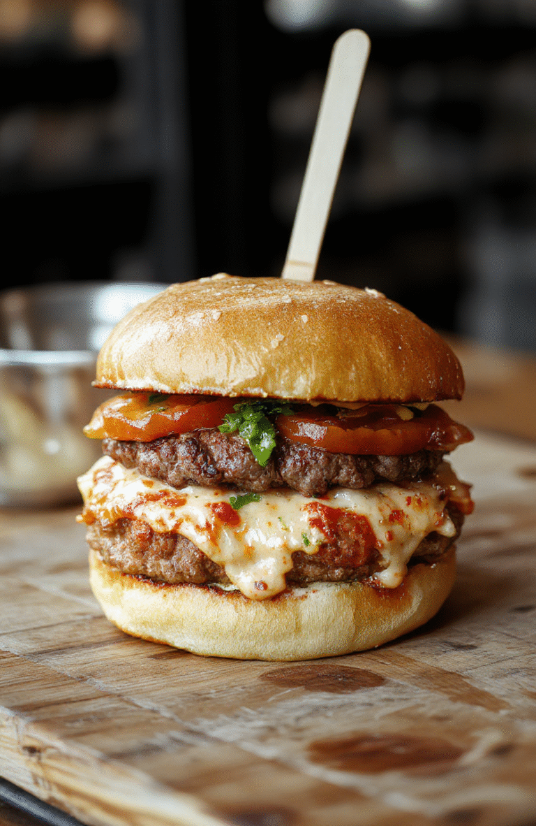 A close-up shot of a freshly cooked pizza burger with gooey melted cheese, vibrant tomato sauce, crispy bun, fresh basil, and pepperoni slices arranged appealingly on a rustic wooden platter, highlighting textures and colors.