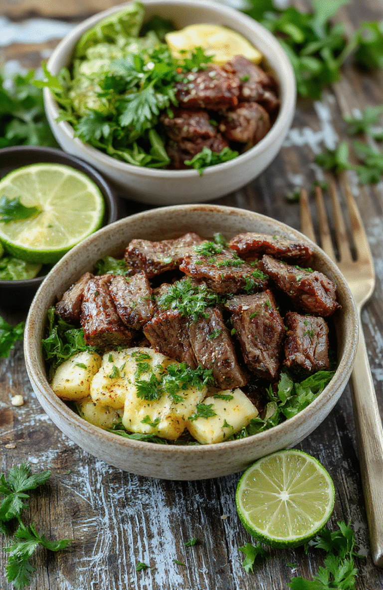 A vibrant plate featuring juicy grilled steak slices nestled over fluffy rice, topped with fresh cilantro and lime wedges. The bowl is colorful with slices of avocado, cherry tomatoes, and a sprinkle of chopped cilantro, all styled on a rustic wooden table with a light background, highlighting the fresh ingredients, textures of tender meat and crispy garnishes, and a lively, flavorful presentation.