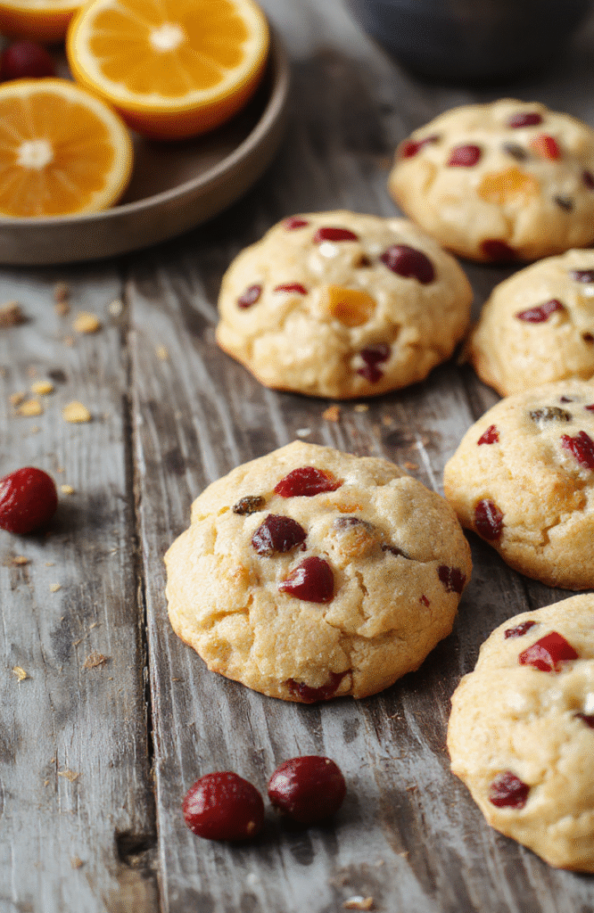 A plate of vibrant orange cranberry cookies with a glossy glaze, scattered with fresh cranberries and orange zest. The cookies are golden-brown, perfectly textured, and styled on a rustic wooden table with holiday decorations in the background, showcasing a festive and inviting atmosphere.
