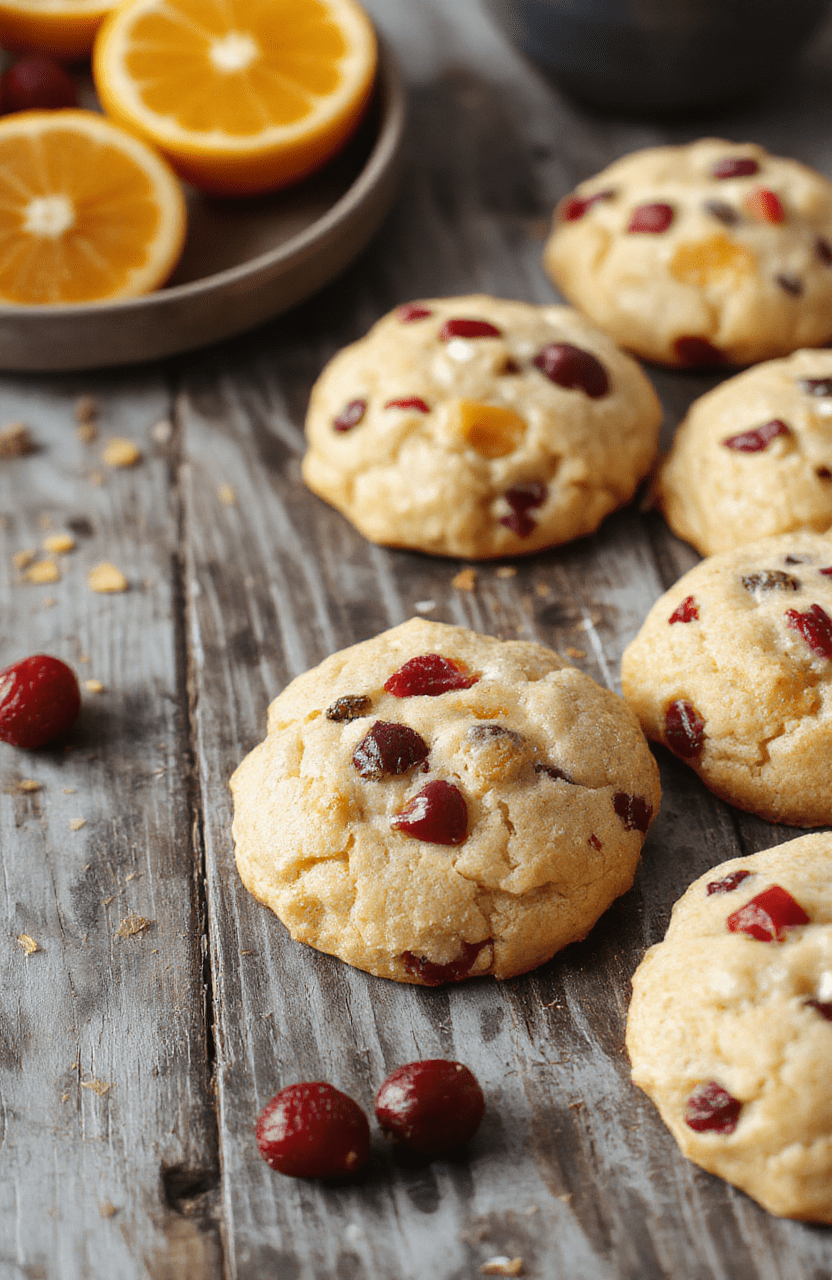 A plate of vibrant orange cranberry cookies with a glossy glaze, scattered with fresh cranberries and orange zest. The cookies are golden-brown, perfectly textured, and styled on a rustic wooden table with holiday decorations in the background, showcasing a festive and inviting atmosphere.