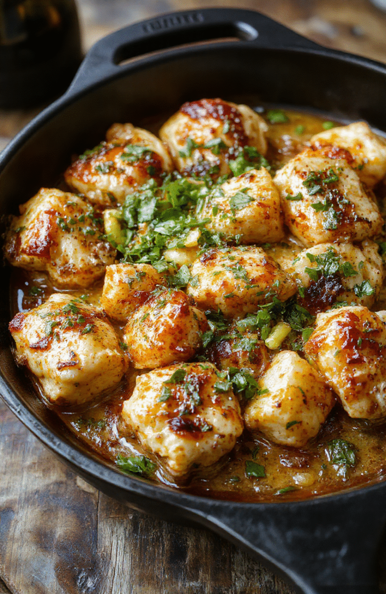 A vibrant chicken skillet featuring golden-brown chicken breasts topped with bright green pepperoncini peppers, served on a rustic wooden table with fresh herbs and slices of lemon, showcasing a glossy, flavorful sauce with a mix of textures from tender chicken and crunchy peppers, styled simply for a home-cooked appeal.