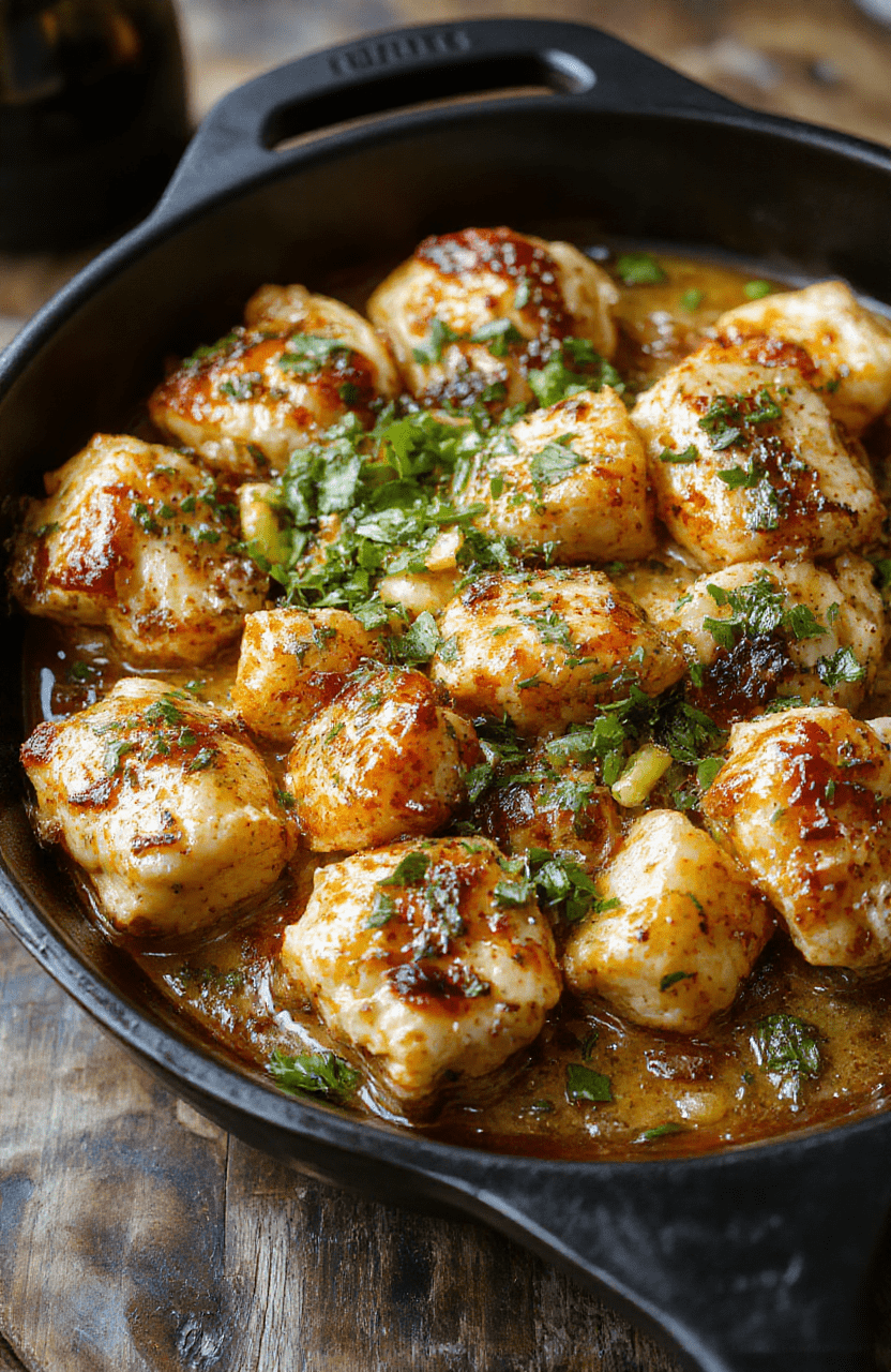 A vibrant chicken skillet featuring golden-brown chicken breasts topped with bright green pepperoncini peppers, served on a rustic wooden table with fresh herbs and slices of lemon, showcasing a glossy, flavorful sauce with a mix of textures from tender chicken and crunchy peppers, styled simply for a home-cooked appeal.