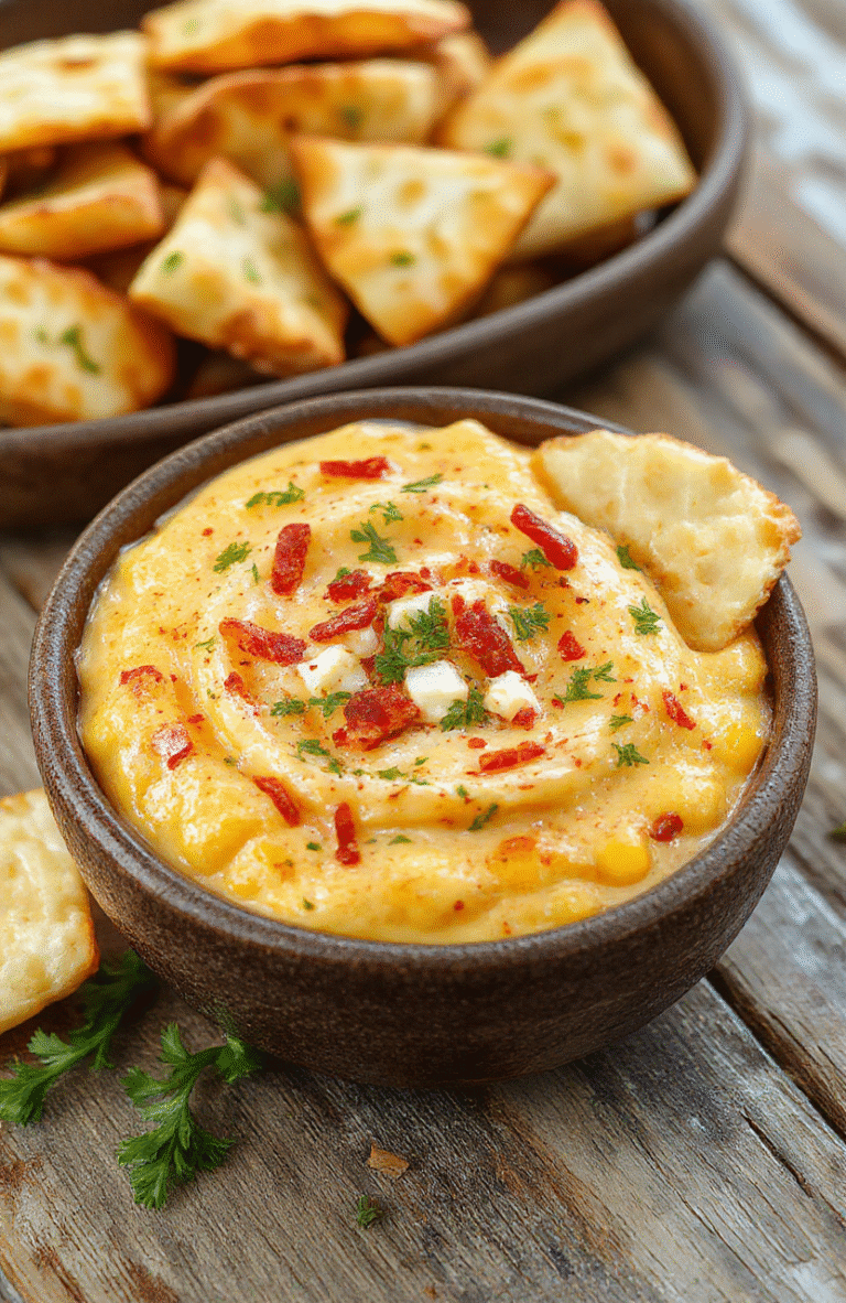 A vibrant, creamy crack corn dip served in a rustic bowl, topped with melted cheese, chopped green onions, and chili flakes. The dip showcases a blend of golden, crispy popcorn pieces integrated with gooey cheese and colorful garnishes, styled on a wooden table with a side of crispy chips for dipping, inviting a lively party atmosphere.