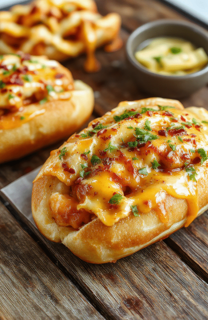 A vibrant plate features crispy golden-brown hot dogs topped with melted cheese, nestled between toasted bread slices, garnished with fresh herbs. The dish is arranged on a rustic wooden table with a soft, natural light illuminating the textures of the crispy exterior and gooey cheese, styled simply for a cozy, inviting look.