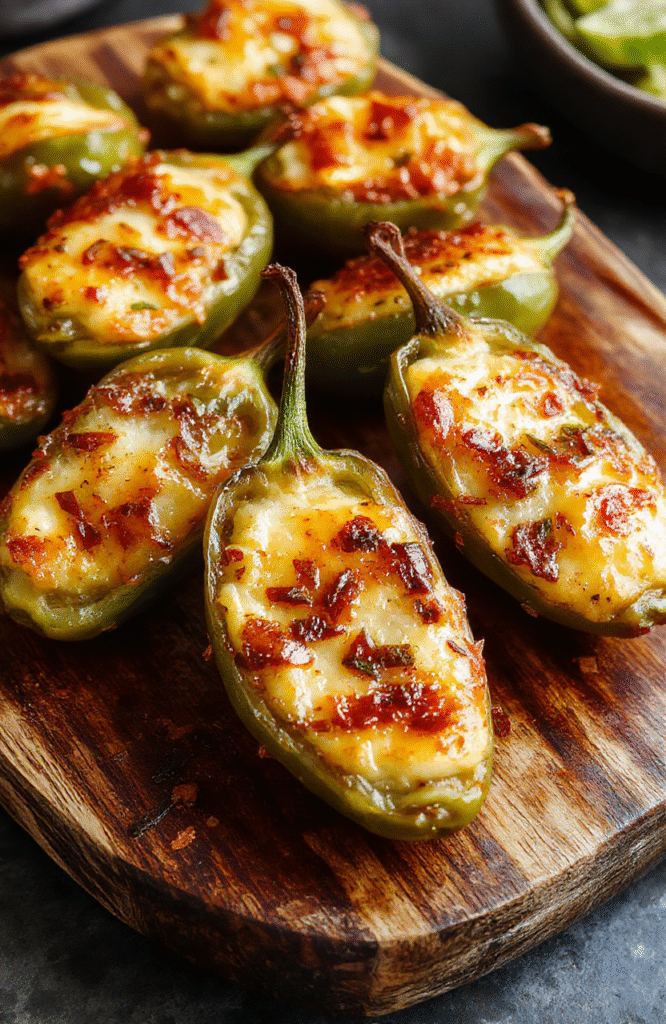 A vibrant plate of crispy golden jalapeño poppers topped with melted cheese and fresh chives, arranged neatly on a rustic wooden platter, with a blurred background showcasing a cozy kitchen setting.