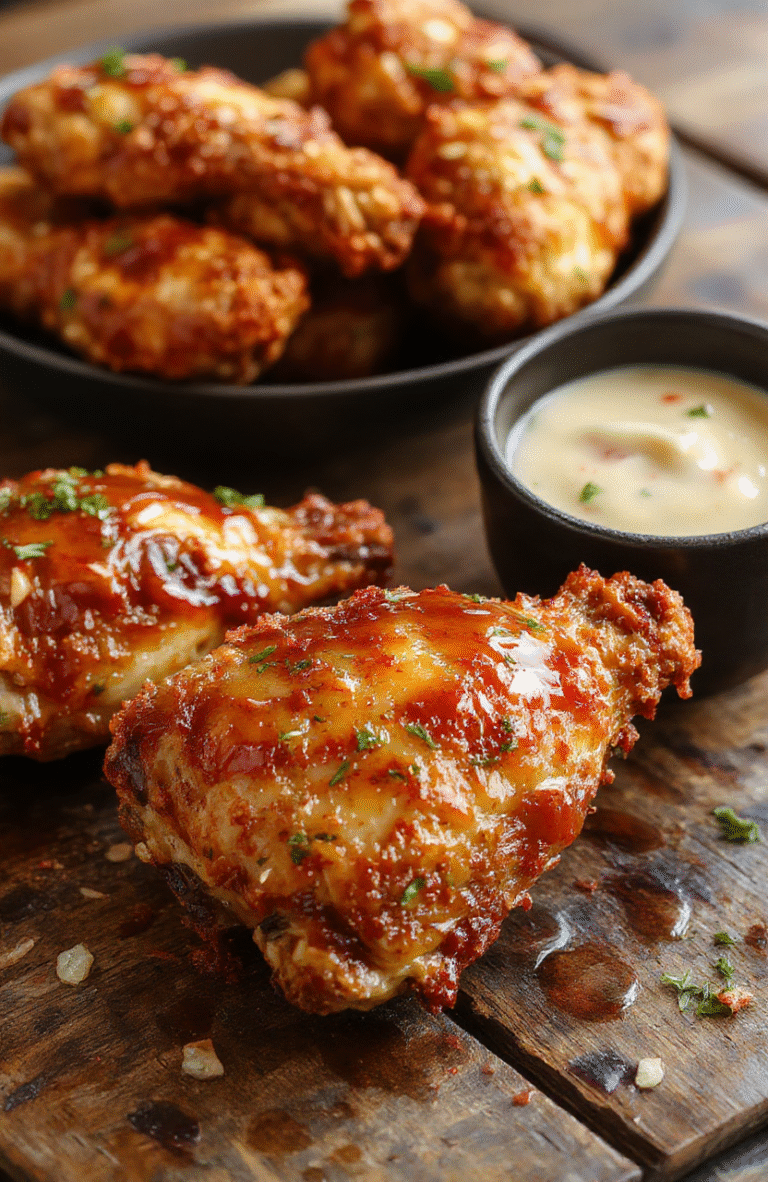 A golden-brown baked chicken breast topped with a glossy, spicy honey glaze, garnished with sesame seeds and chopped green onions on a rustic wooden table, with a side of colorful vegetables and drizzled honey highlighting the crispy texture and vibrant glaze