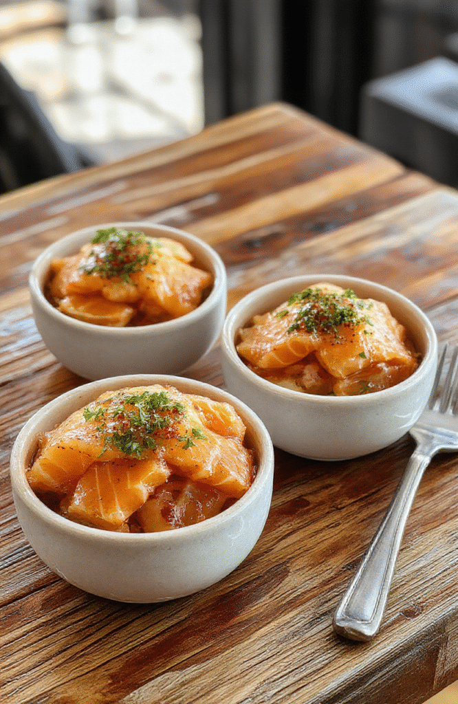 A vibrant bowl featuring crispy salmon bites glazed with a creamy spicy sauce, garnished with fresh herbs on a rustic wooden table. The dish has a colorful mix of chopped vegetables and a drizzle of sauce, styled for a casual, appetizing presentation.