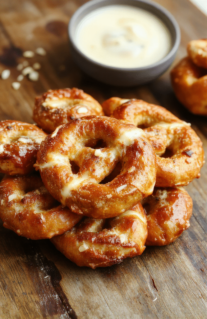 Golden-brown buttery soft pretzel bites arranged on a rustic wooden board, sprinkled with coarse salt, with a soft inside visible, garnished with fresh herbs, styled casually for an inviting snack presentation.