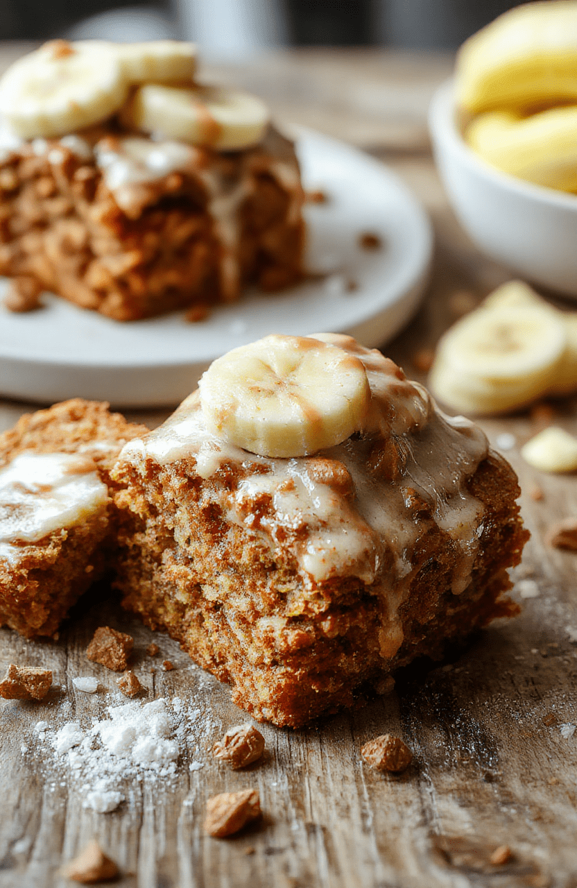A close-up of a golden-brown carrot cake banana bread slice with visible flecks of grated carrots and ripe banana slices, presented on a rustic wooden board with a light sprinkle of cinnamon and a sprig of mint for garnish. The bread has a moist, tender crumb with a slightly crusty top, decorated simply for an appetizing, homemade look.