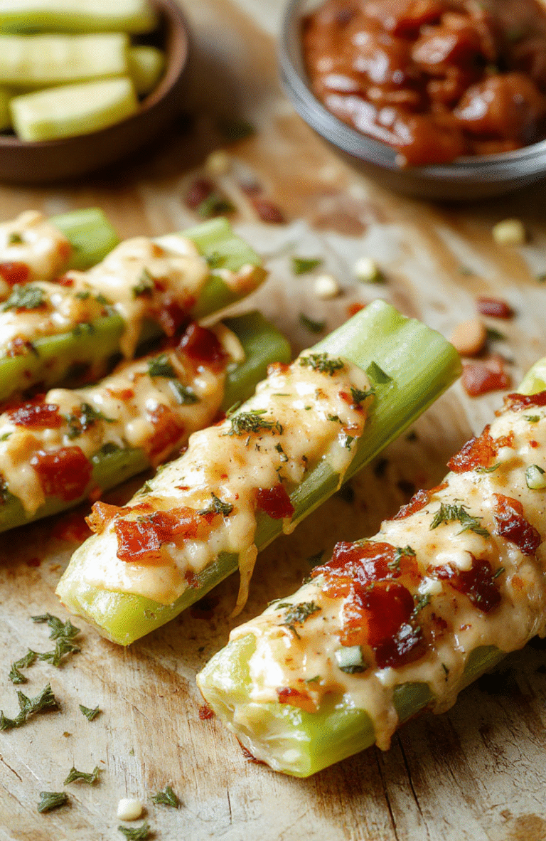 A vibrant platter of stuffed celery sticks topped with melted cheddar cheese, crispy bacon bits, and a drizzle of ranch dressing. The celery's bright green color contrasts with the creamy, cheesy filling and the golden-brown bacon. The sticks are arranged neatly on a white serving plate, styled with fresh herbs and colorful pepper flakes for garnish, emphasizing their delicious and inviting appearance.