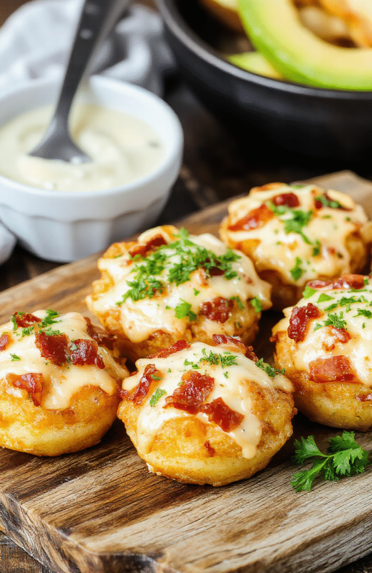 Colorful close-up of crispy golden Tater Tot Cups filled with melted cheese and crispy bacon bits, garnished with green onions, served on a rustic wooden platter with fresh ingredients around