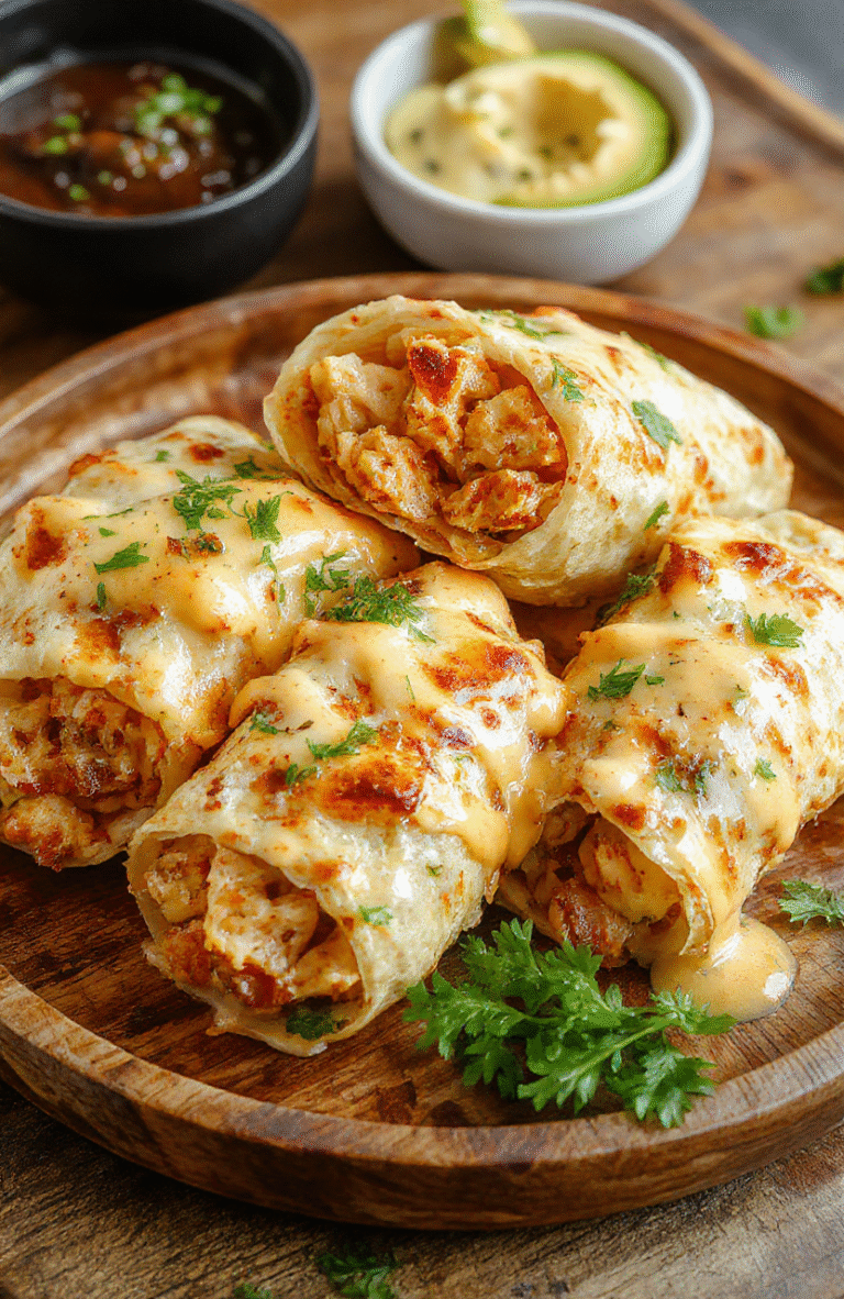 A close-up of cheesy garlic chicken wraps on a rustic wooden plate, filled with golden grilled chicken, melted cheese, chopped fresh herbs, and garlic, styled with a sprinkle of herbs and a drizzle of sauce, vibrant and appetizing.