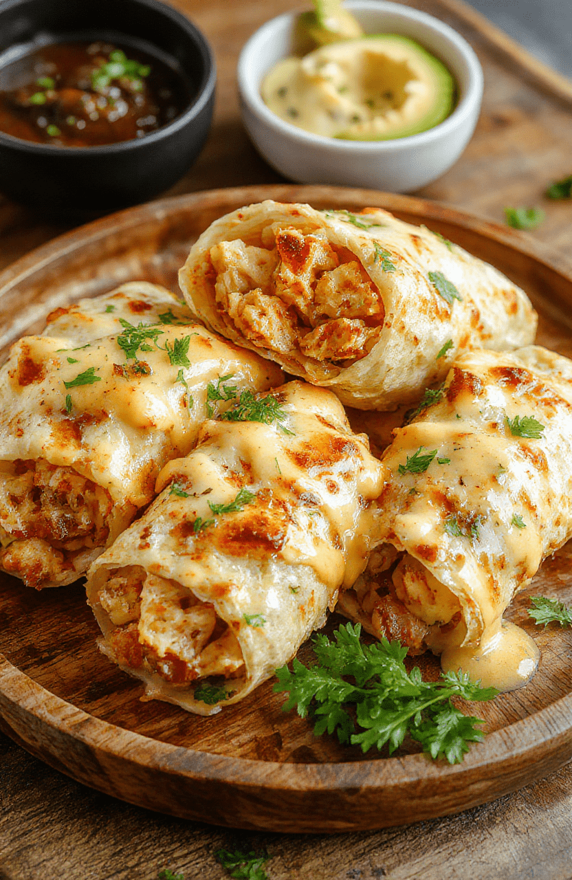 A close-up of cheesy garlic chicken wraps on a rustic wooden plate, filled with golden grilled chicken, melted cheese, chopped fresh herbs, and garlic, styled with a sprinkle of herbs and a drizzle of sauce, vibrant and appetizing.