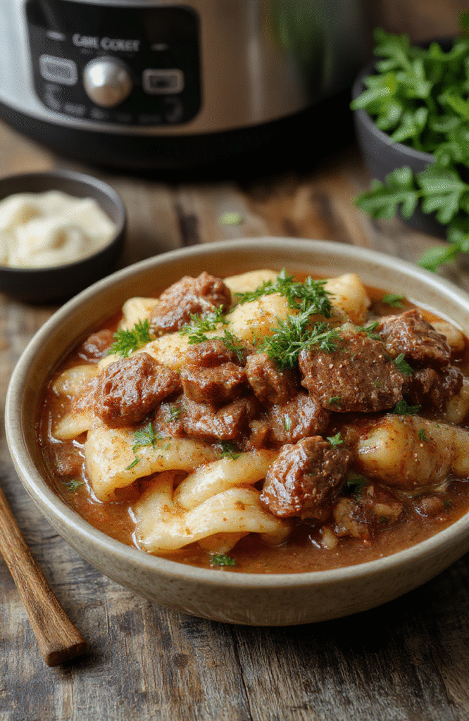 A rustic white bowl filled with tender shredded beef and thick noodles, topped with chopped parsley. The dish is vibrant with rich brown beef and golden noodles, garnished with fresh herbs, arranged on a wooden table with a cozy, inviting ambiance.