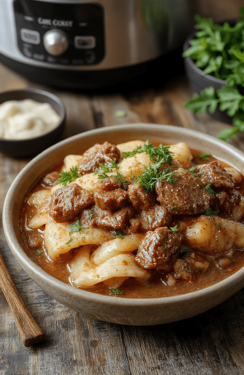 A rustic white bowl filled with tender shredded beef and thick noodles, topped with chopped parsley. The dish is vibrant with rich brown beef and golden noodles, garnished with fresh herbs, arranged on a wooden table with a cozy, inviting ambiance.