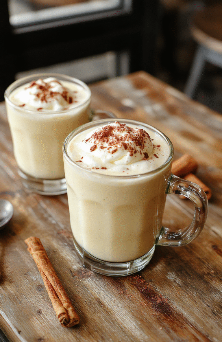 A steaming vanilla cinnamon latte in a clear glass mug, topped with a swirl of whipped cream and a sprinkle of cinnamon, set on a rustic wooden table with a cozy blurred background, soft natural light highlighting the warm tones of the drink and the textured surface of the cinnamon.