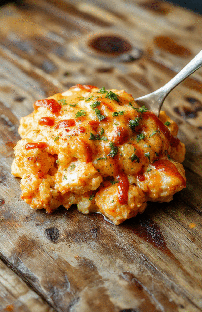 A colorful casserole dish featuring a golden-brown crust topped with vibrant buffalo sauce, melted cheese, and crispy cauliflower florets, garnished with fresh green herbs and a drizzle of ranch dressing, styled on a rustic wooden surface with a casual, inviting presentation.