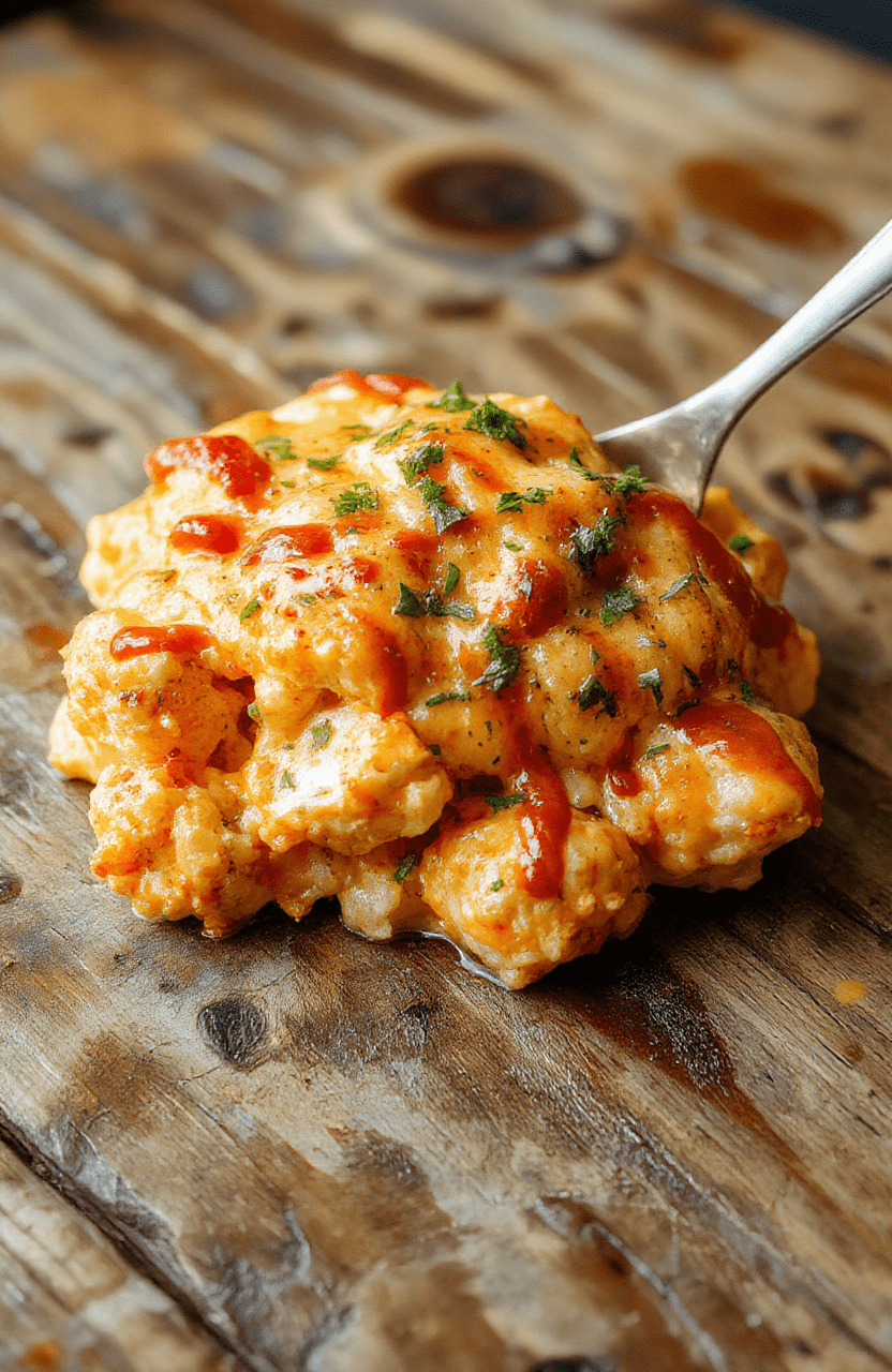 A colorful casserole dish featuring a golden-brown crust topped with vibrant buffalo sauce, melted cheese, and crispy cauliflower florets, garnished with fresh green herbs and a drizzle of ranch dressing, styled on a rustic wooden surface with a casual, inviting presentation.