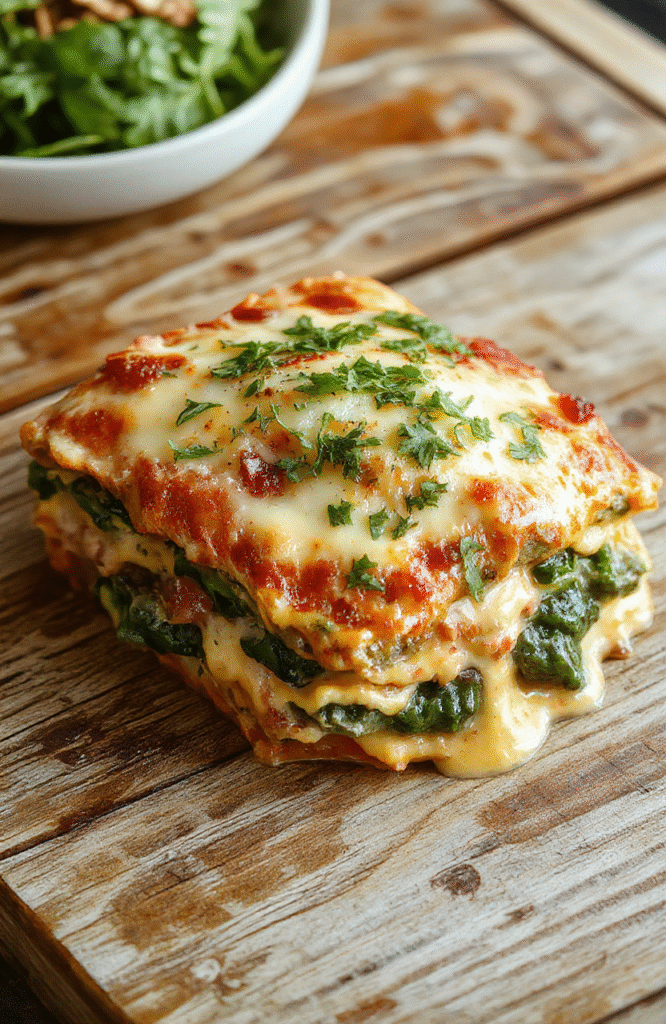 A vibrant slice of mushroom and spinach lasagna on a rustic plate, showcasing layers of creamy cheese, sautéed mushrooms, and fresh spinach. The lasagna is topped with melted golden cheese and garnished with chopped herbs. The background features a warm wooden table with soft natural lighting highlighting the textures and colors of the dish.
