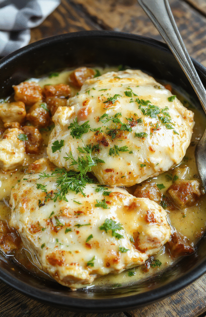 A vibrant skillet featuring tender shredded chicken coated in a rich creamy sauce, garnished with sliced pepperoncini peppers and fresh herbs, served on a rustic wooden table with a colorful backdrop showcasing fresh ingredients and a sprinkle of herbs for a lively appearance.