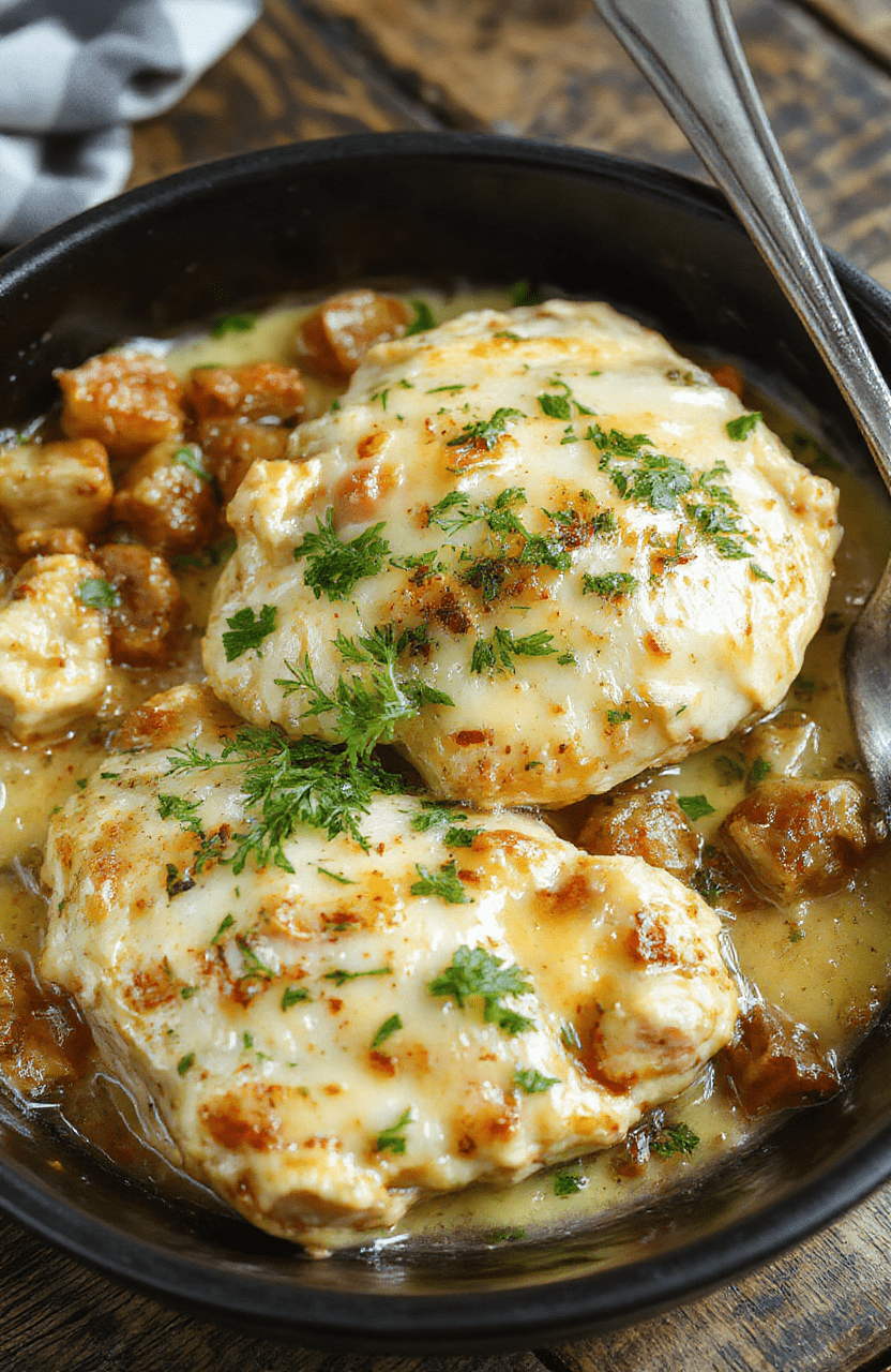 A vibrant skillet featuring tender shredded chicken coated in a rich creamy sauce, garnished with sliced pepperoncini peppers and fresh herbs, served on a rustic wooden table with a colorful backdrop showcasing fresh ingredients and a sprinkle of herbs for a lively appearance.