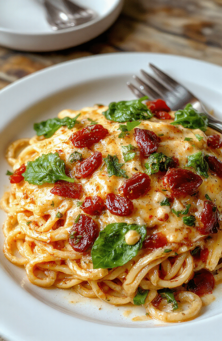 A close-up shot of creamy sun-dried tomato spaghetti topped with fresh spinach leaves, beautifully plated on a rustic white plate, with vibrant red tomatoes, green spinach, and a creamy white sauce, garnished with grated cheese and herbs, styled on a wooden table with natural light highlighting the textures and colors.
