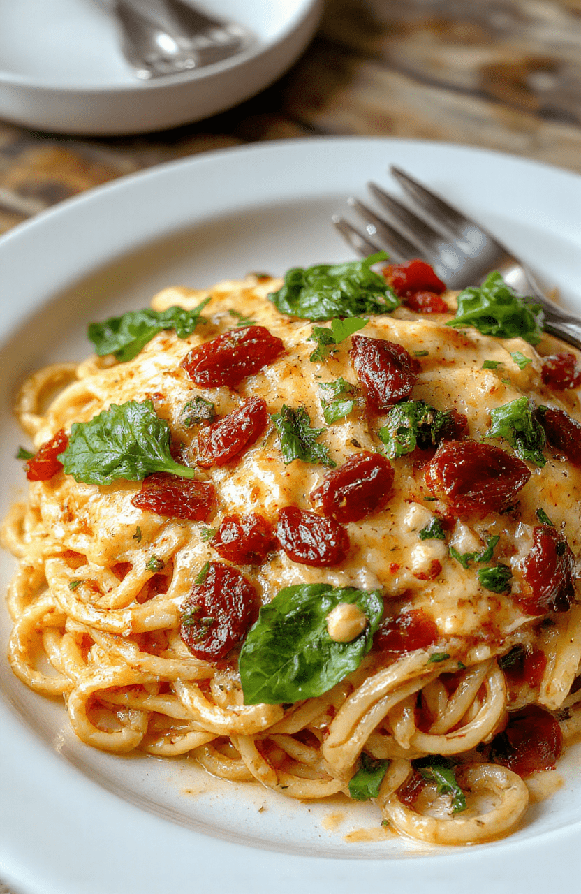 A close-up shot of creamy sun-dried tomato spaghetti topped with fresh spinach leaves, beautifully plated on a rustic white plate, with vibrant red tomatoes, green spinach, and a creamy white sauce, garnished with grated cheese and herbs, styled on a wooden table with natural light highlighting the textures and colors.
