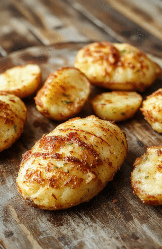 Golden-brown crispy air fryer baked potatoes with a fluffy interior, served on a rustic wooden plate. The potatoes are topped with a dollop of sour cream, chopped chives, and melted butter, with a textured crispy skin contrasted against the creamy inside. Natural daylight highlights the warm, inviting colors and textures, styled casually with soft shadows on a neutral background.