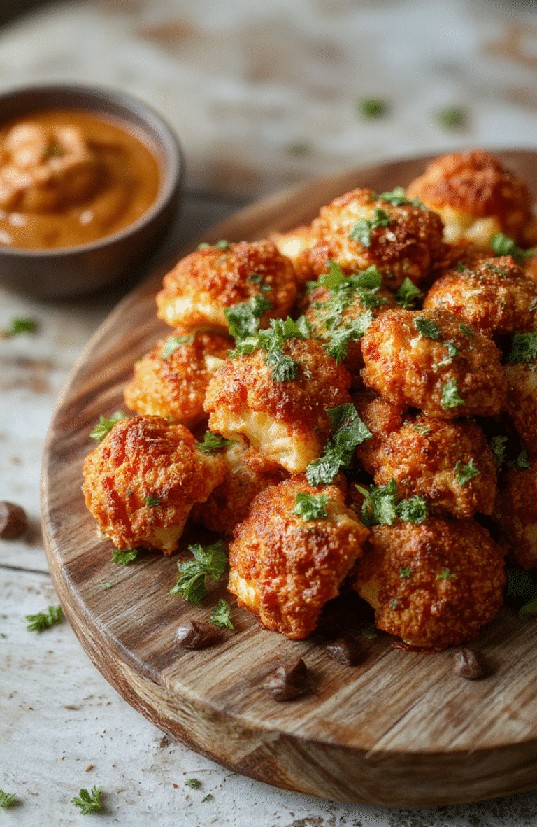 A vibrant plate of golden crispy buffalo cauliflower florets with a glossy spicy buffalo sauce, served on a rustic wooden platter, garnished with fresh parsley and a side of cooling ranch dip, showcasing a crunchy texture and appetizing color contrast.