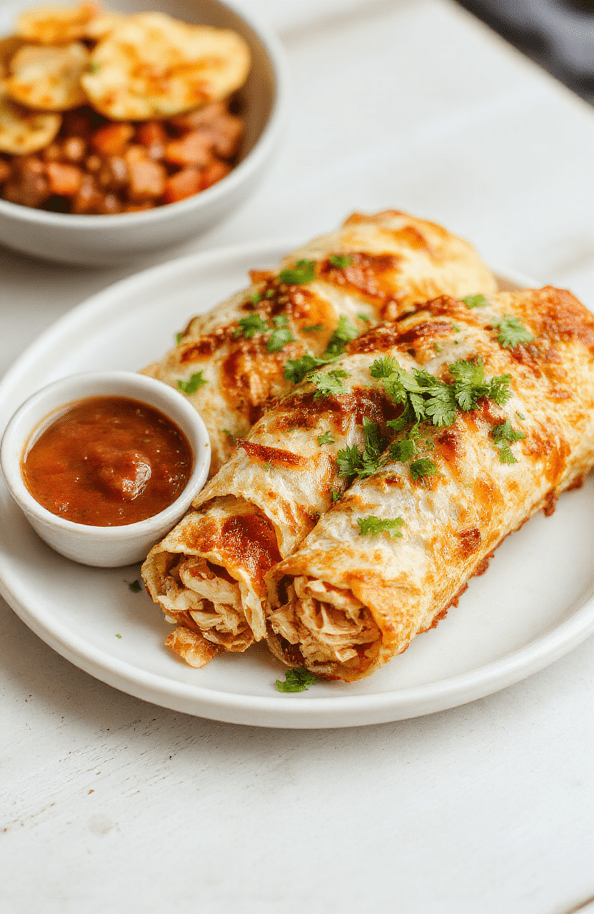Golden brown crispy chicken taquitos neatly arranged on a white plate, garnished with fresh cilantro, served alongside a small bowl of salsa, with a light wooden background, vibrant colors, and textured crispy shells.