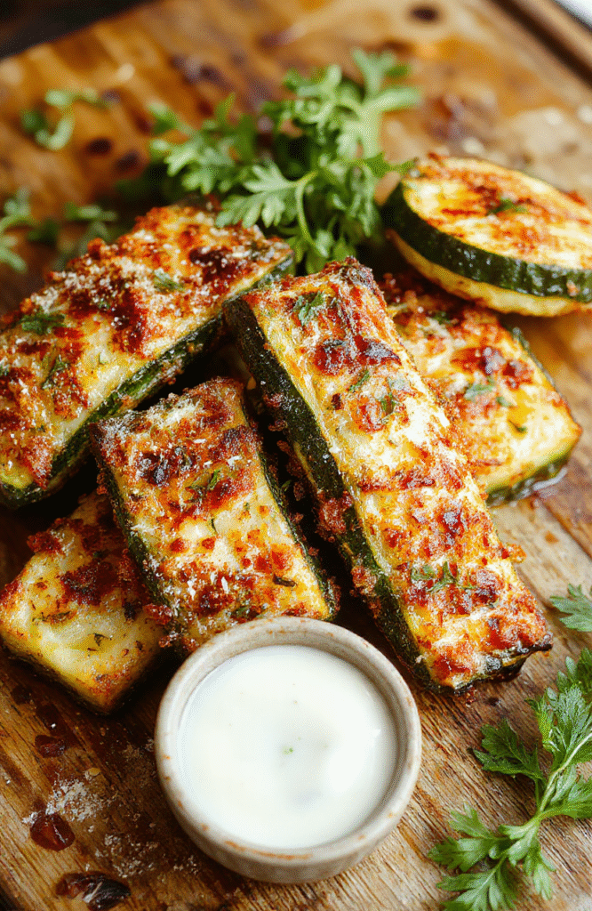 A golden-brown crispy baked zucchini slices topped with shredded Parmesan cheese, arranged on a white ceramic plate with fresh parsley garnish, set on a rustic wooden table, with a subtle background of olive oil and herbs, captured in natural daylight, highlighting the textures and vibrant green of the zucchini.