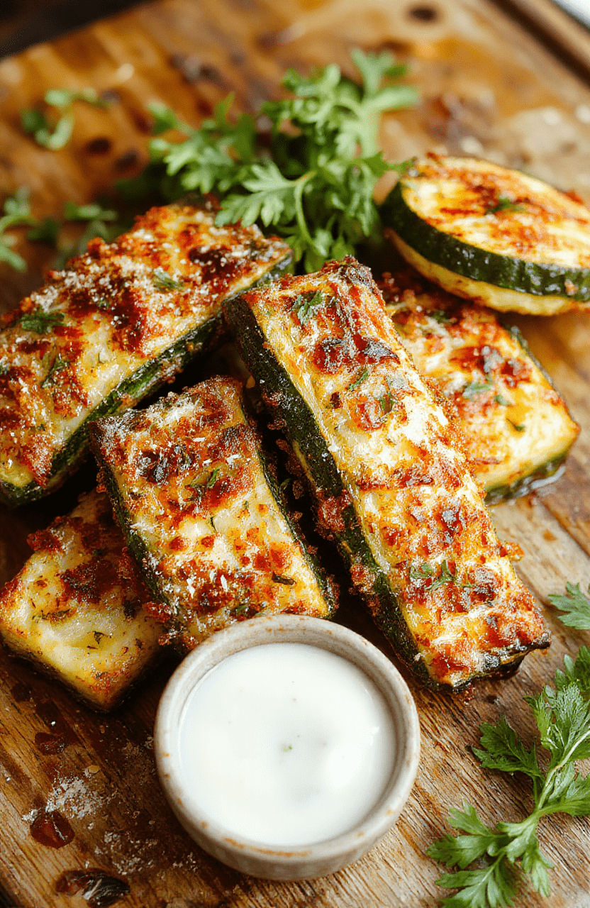 A golden-brown crispy baked zucchini slices topped with shredded Parmesan cheese, arranged on a white ceramic plate with fresh parsley garnish, set on a rustic wooden table, with a subtle background of olive oil and herbs, captured in natural daylight, highlighting the textures and vibrant green of the zucchini.