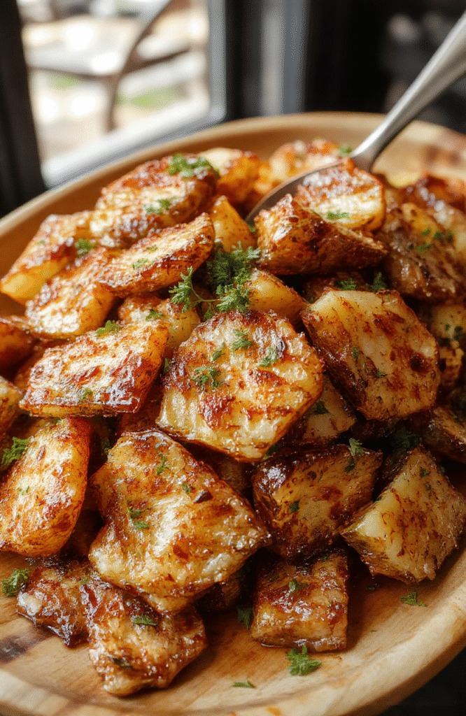 Golden crispy baked potato slices arranged neatly on a rustic wooden platter, with a sprinkle of fresh herbs on top, showcasing their crunchy edges and fluffy interior. The potatoes have a beautifully caramelized crust, with steam gentle emanating from some slices, styled with a simple background to emphasize their texture.