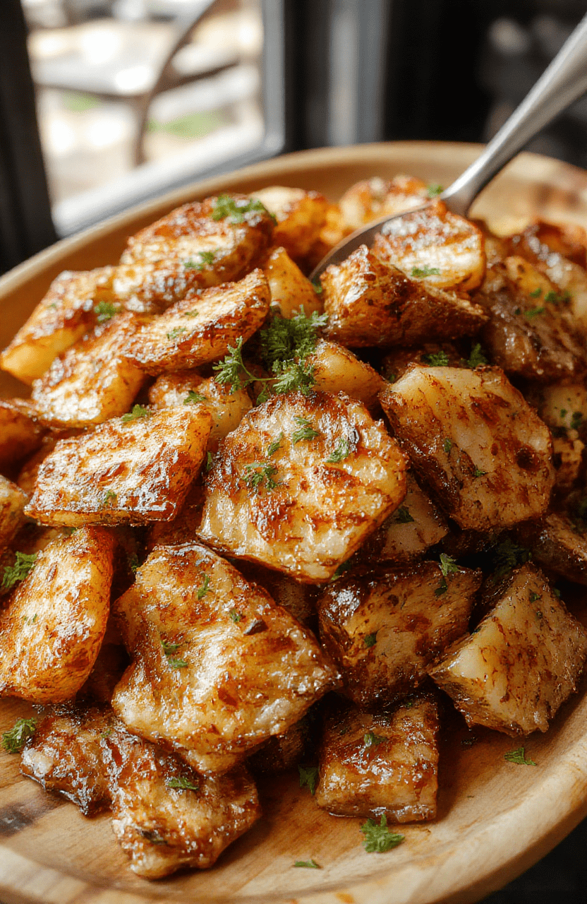 Golden crispy baked potato slices arranged neatly on a rustic wooden platter, with a sprinkle of fresh herbs on top, showcasing their crunchy edges and fluffy interior. The potatoes have a beautifully caramelized crust, with steam gentle emanating from some slices, styled with a simple background to emphasize their texture.