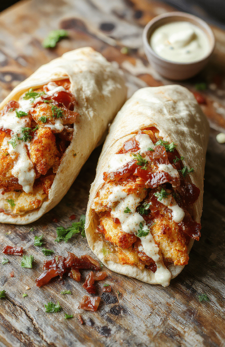 A close-up of crispy chicken bacon ranch wraps on a rustic wooden plate, showcasing golden-brown chicken, crispy bacon, fresh lettuce, and drizzled ranch dressing, garnished with chopped herbs, with a vibrant and inviting presentation.