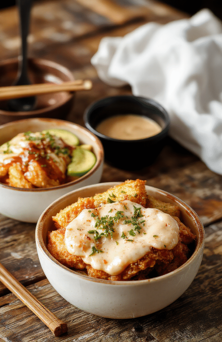 A vibrant bowl featuring crispy breaded chicken katsu sliced into strips, placed atop steamed rice and colorful shredded vegetables, drizzled generously with rich homemade tonkatsu sauce. The dish is styled on a rustic wooden table with a sprinkle of sesame seeds and chopped green onions, showcasing crispy textures, glossy sauce, and fresh garnishes, with a soft natural light highlighting the textures and colors.