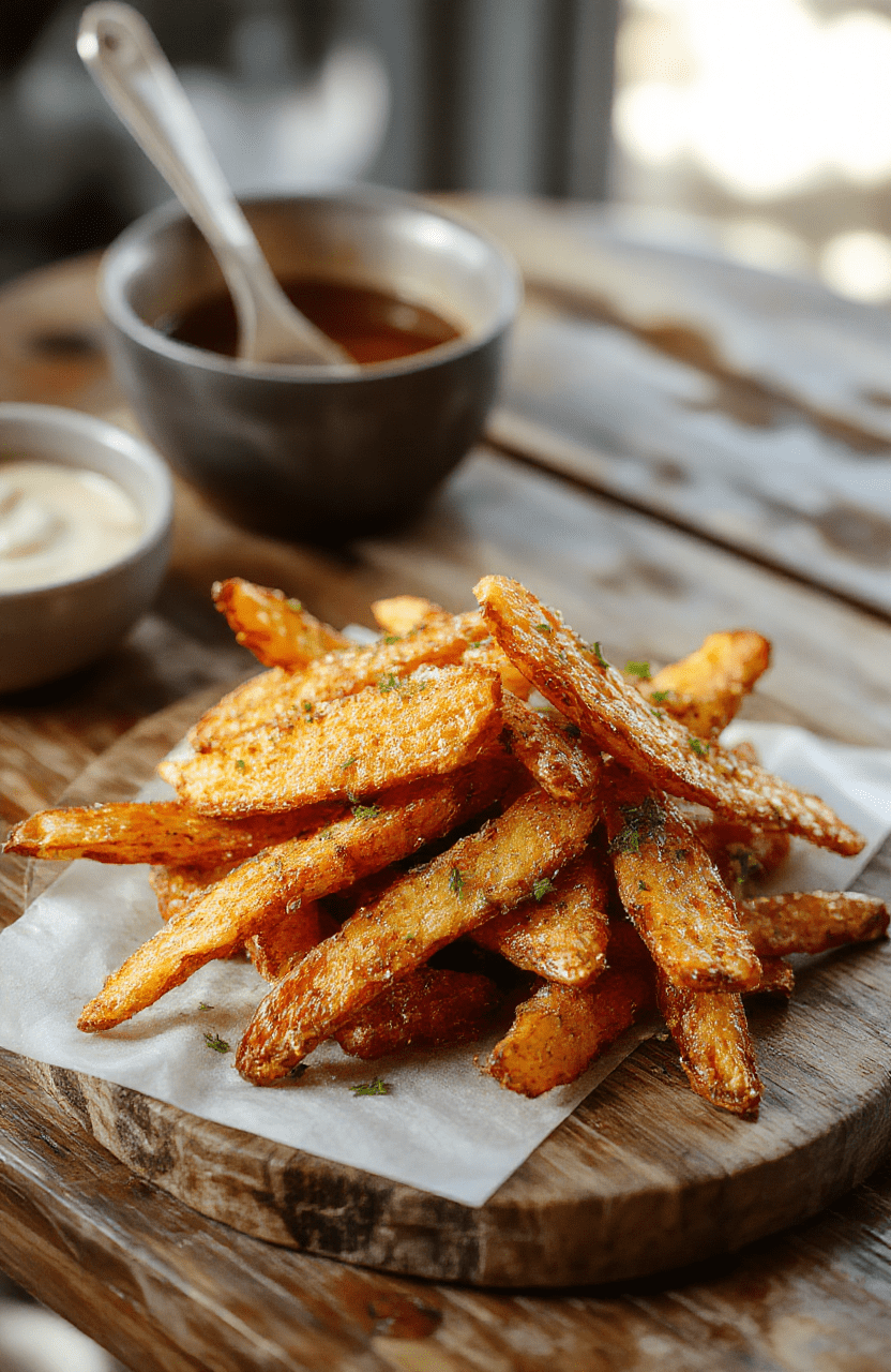 A vibrant plate of crispy oven baked sweet potato fries with golden-brown edges, served on a rustic wooden surface. The fries are sprinkled with sea salt and fresh herbs, showcasing their crunchy texture and caramelized exterior. The background features a lightly blurred setting with natural daylight highlighting the appetizing dish.