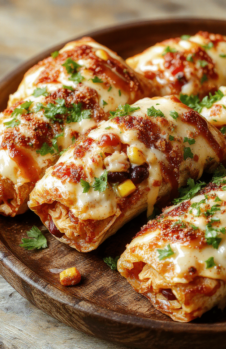Colorful crispy Southwest egg rolls arranged on a rustic wooden plate, filled with shredded chicken, black beans, corn, and cheese, garnished with fresh cilantro, with a side of salsa and sour cream, textures crispy and cheesy, styled with vibrant ingredients