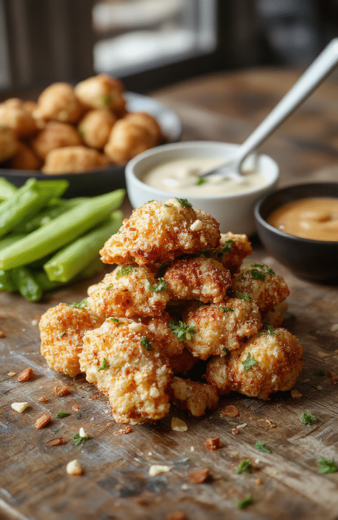 Golden brown crispy cauliflower wings coated with sesame seeds arranged on a stylish white plate, garnished with chopped green onions, vibrant sesame seeds, and a drizzle of sauce, set on a rustic wooden table with natural daylight highlighting the textures and colors