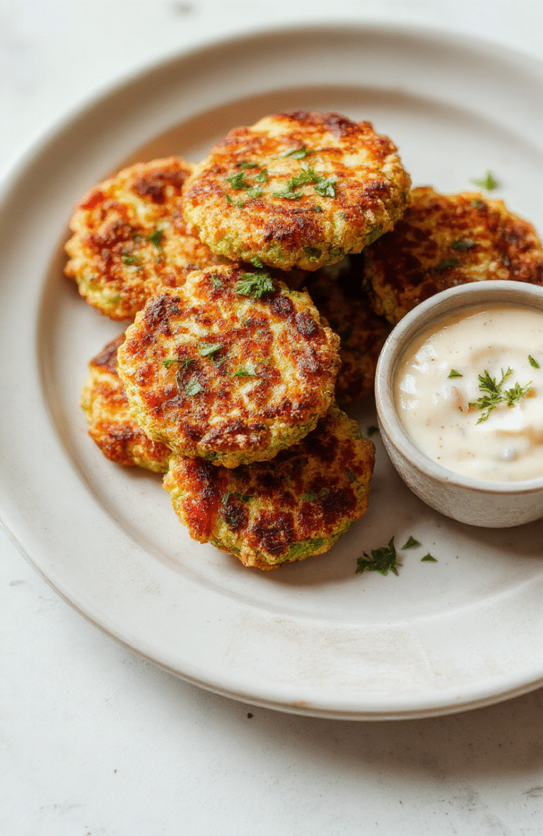 Golden-brown crispy zucchini fritters stacked on a rustic white plate, garnished with fresh herbs and a side of creamy dipping sauce, surrounded by vibrant green zucchini shreds and textured fritter surfaces, styled simply with a neutral background.