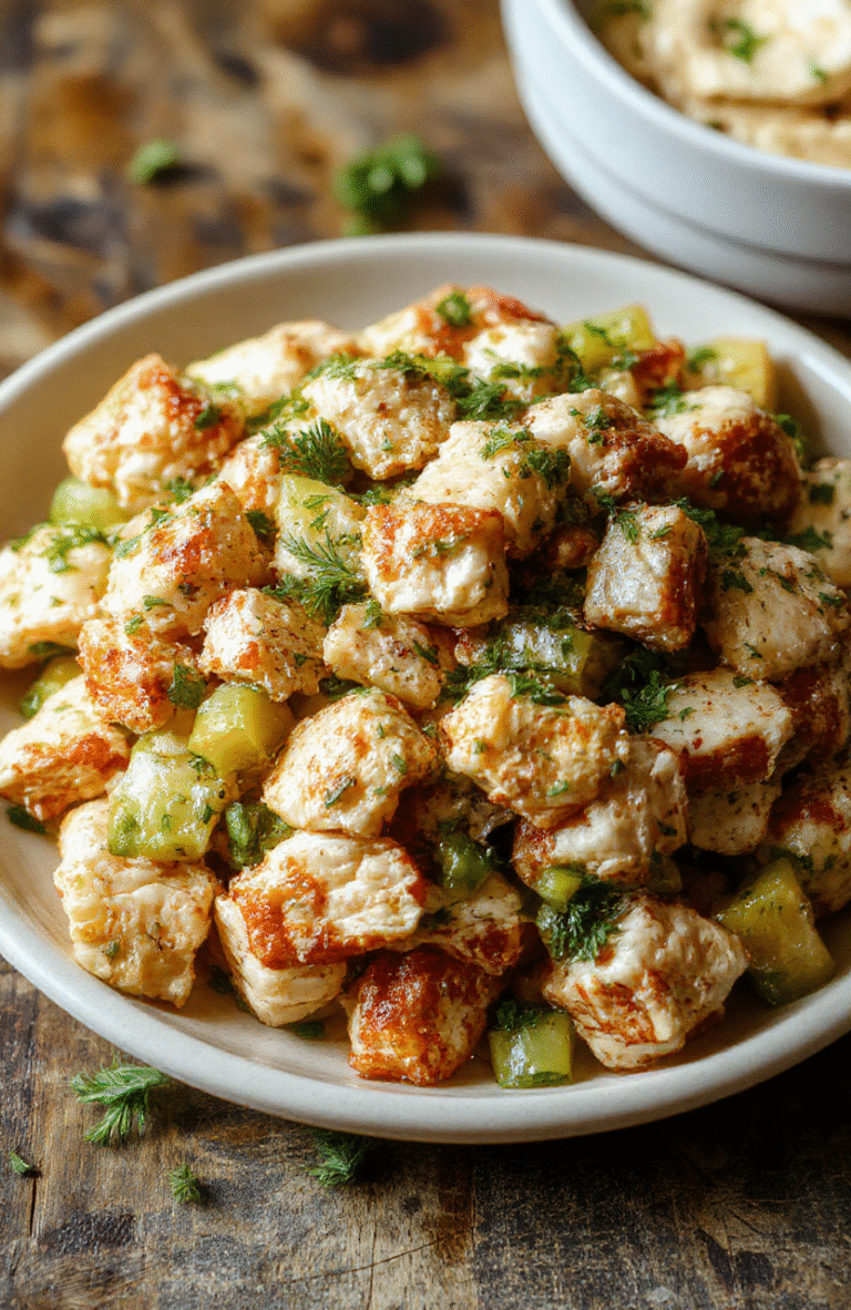 A vibrant plate of crunchy dill pickle chicken salad featuring shredded chicken mixed with chopped dill pickles, fresh herbs, and a creamy dressing, all topped with crispy croutons. The salad is beautifully arranged on a white ceramic plate, garnished with additional dill and pickle slices. The colorful ingredients contrast with a rustic wooden background, emphasizing freshness and texture.