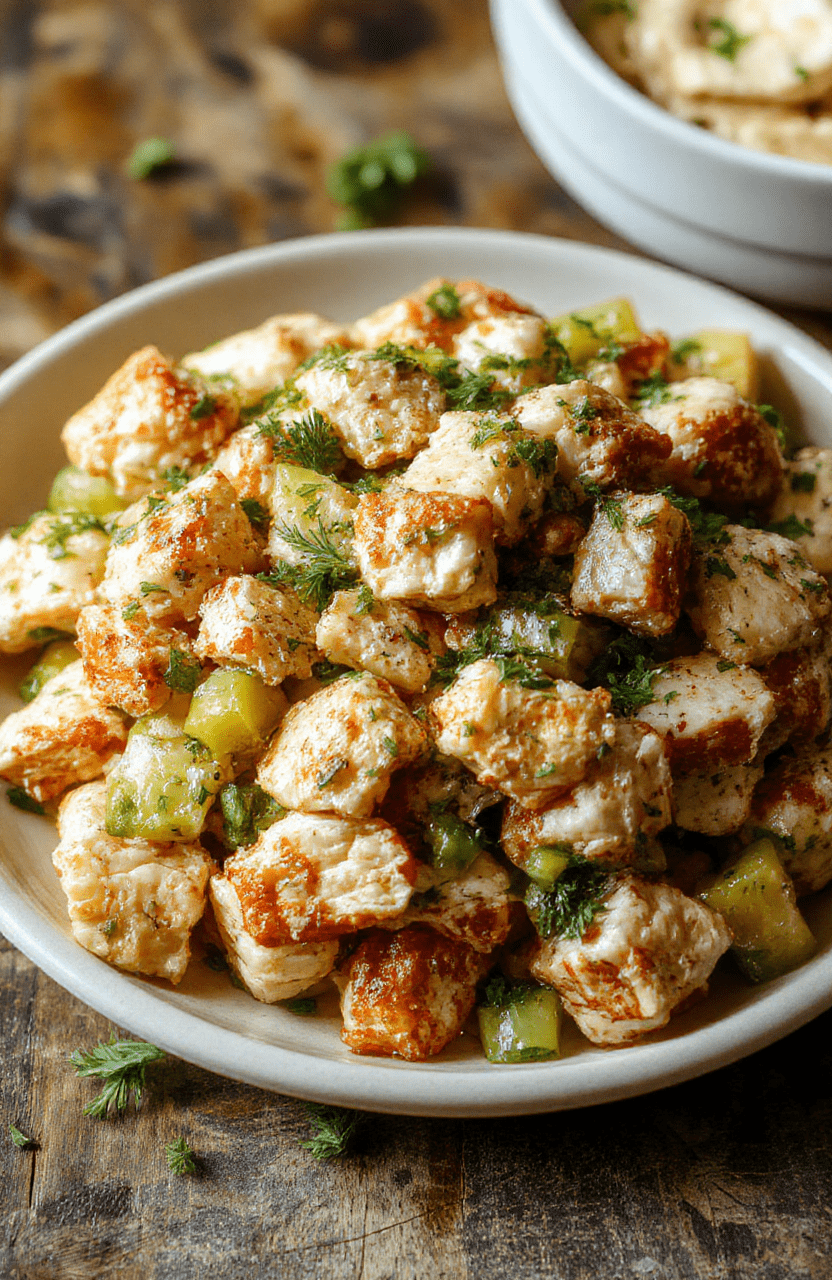 A vibrant plate of crunchy dill pickle chicken salad featuring shredded chicken mixed with chopped dill pickles, fresh herbs, and a creamy dressing, all topped with crispy croutons. The salad is beautifully arranged on a white ceramic plate, garnished with additional dill and pickle slices. The colorful ingredients contrast with a rustic wooden background, emphasizing freshness and texture.