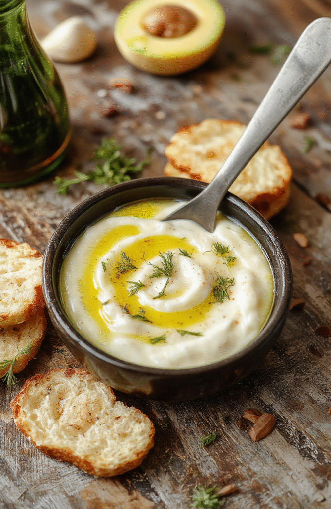 A vibrant bowl of golden garlic olive oil dip garnished with fresh herbs and crushed red pepper flakes, surrounded by crusty bread slices on a rustic wooden board. The dip has a glossy texture, showcasing the aromatic garlic and rich olive oil. Soft natural lighting highlights the appetizing colors and textures, with a blurred background creating a cozy, inviting atmosphere.