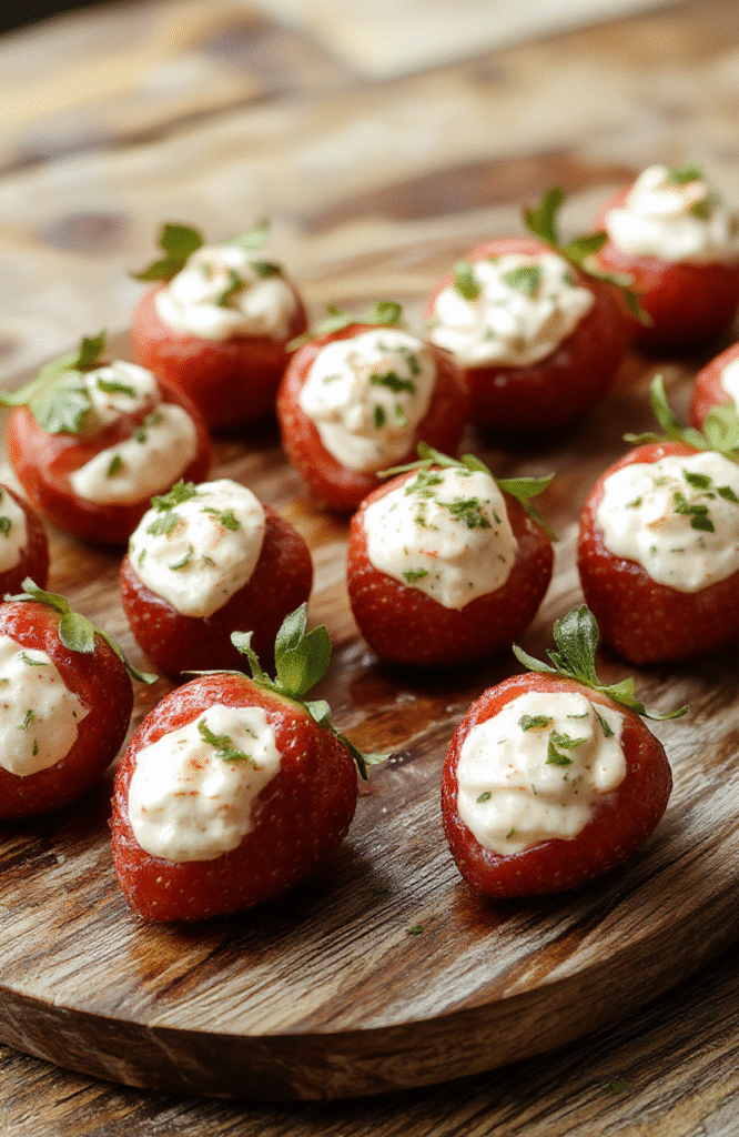 A vibrant plate of deviled strawberries with bright red strawberries filled with creamy white filling, garnished with tiny herbs, styled on a rustic wooden platter with a soft focus on the colorful background.