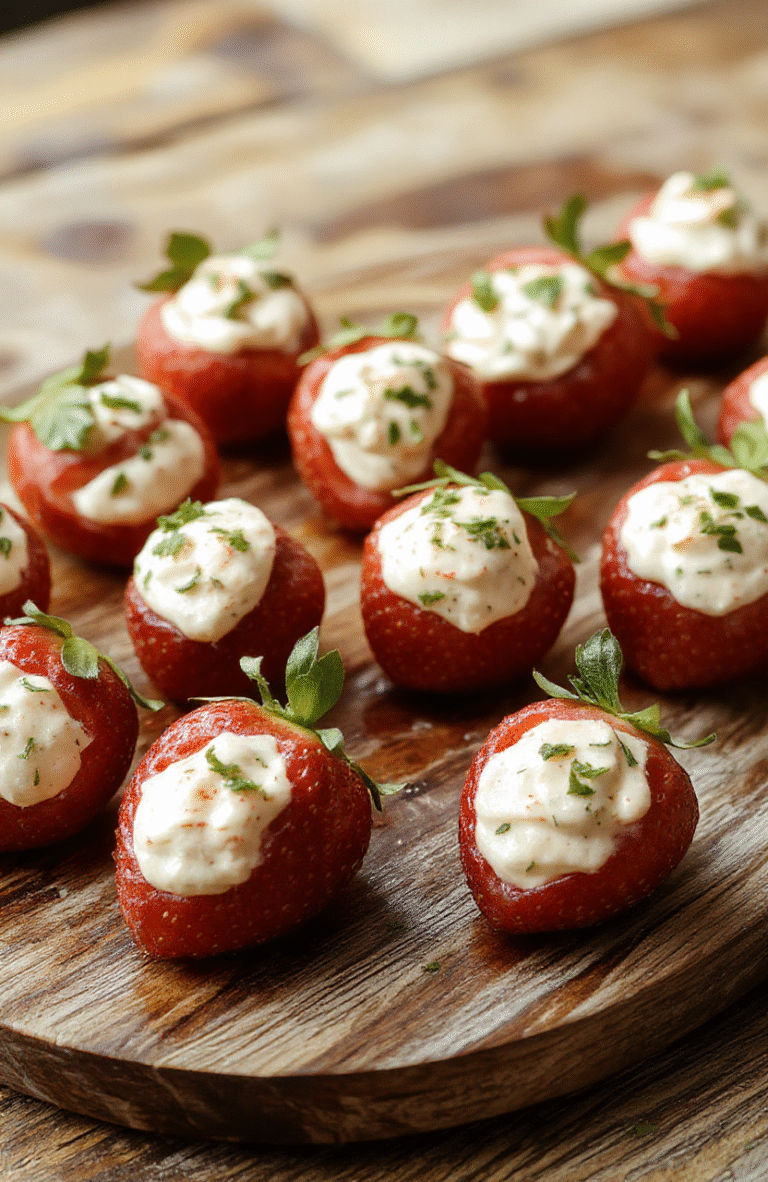 A vibrant plate of deviled strawberries with bright red strawberries filled with creamy white filling, garnished with tiny herbs, styled on a rustic wooden platter with a soft focus on the colorful background.
