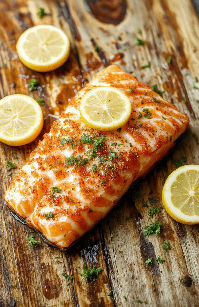 Golden-brown, flaky air fryer salmon fillet plated with fresh lemon slices and herbs on a rustic wooden table, vibrant colors, crispy skin texture, appealing presentation, styled minimally with a drizzle of olive oil.