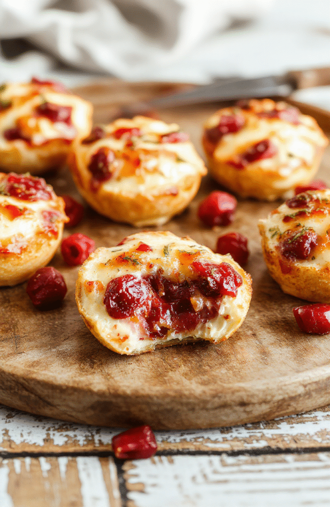 Colorful baked cranberry brie bites arranged on a white ceramic plate, golden crispy crust with melting cheese, topped with vibrant fresh cranberries and a sprig of thyme, styled with a rustic wooden background, rich textures and inviting presentation.