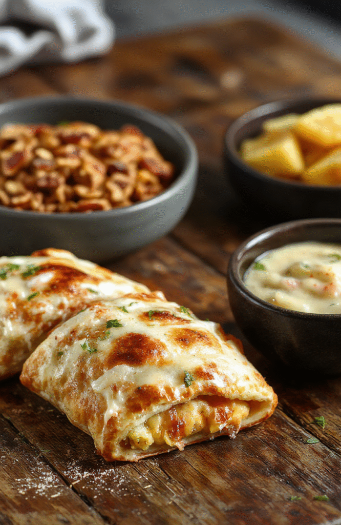Golden brown calzones filled with melted cheese and savory fillings, arranged on a white plate with crispy edges visible, garnished with fresh herbs, set against a rustic wooden background, with a hint of steam rising to showcase freshness and warmth.
