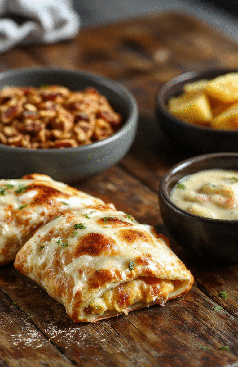 Golden brown calzones filled with melted cheese and savory fillings, arranged on a white plate with crispy edges visible, garnished with fresh herbs, set against a rustic wooden background, with a hint of steam rising to showcase freshness and warmth.