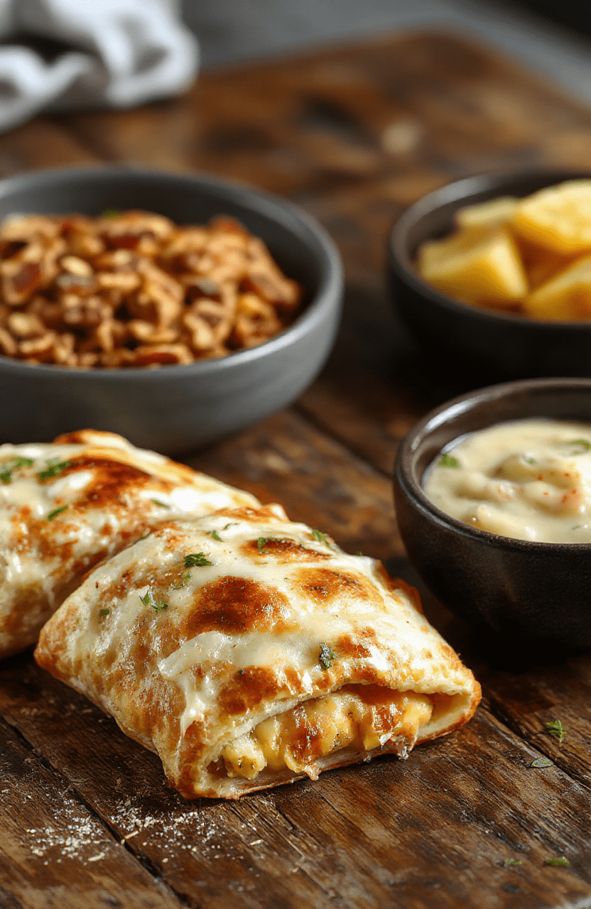Golden brown calzones filled with melted cheese and savory fillings, arranged on a white plate with crispy edges visible, garnished with fresh herbs, set against a rustic wooden background, with a hint of steam rising to showcase freshness and warmth.